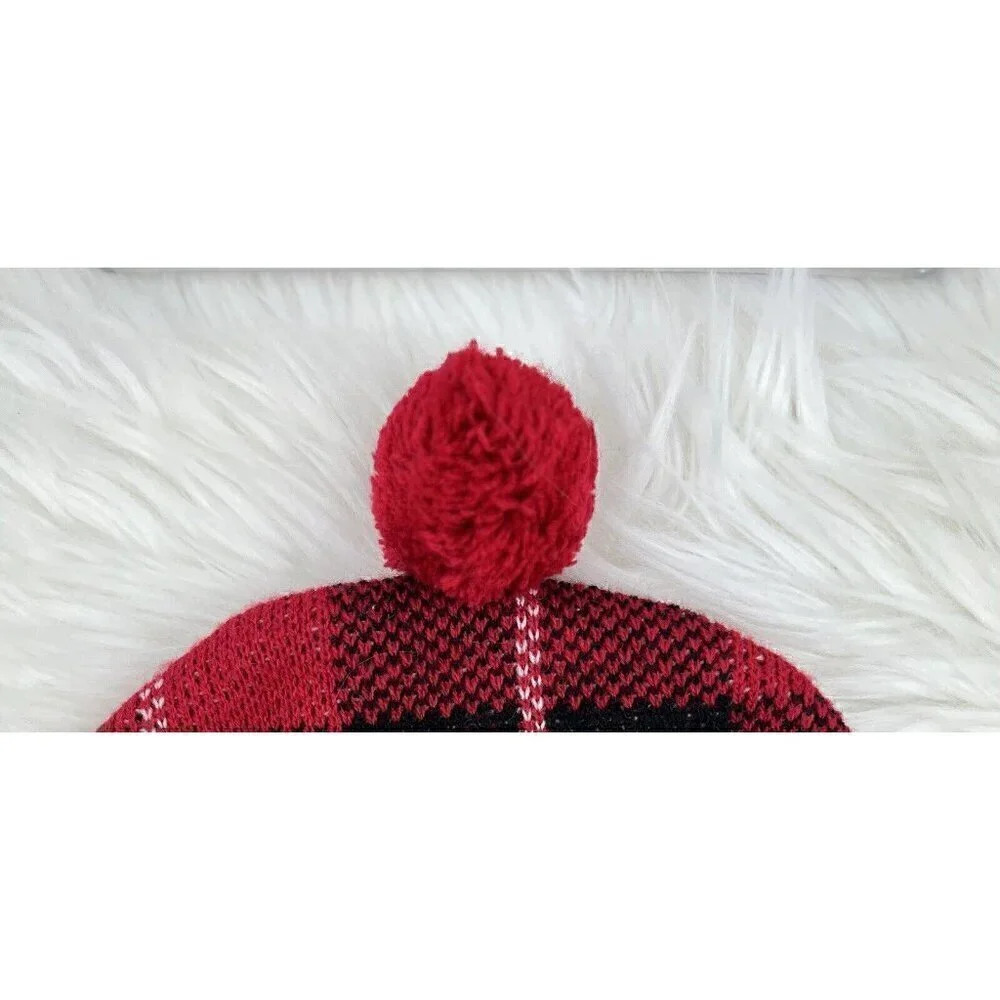 Ugly Sweater Christmas Beanie Hat Cap Sequin Candy Cane Red Black Plaid Pom Pom